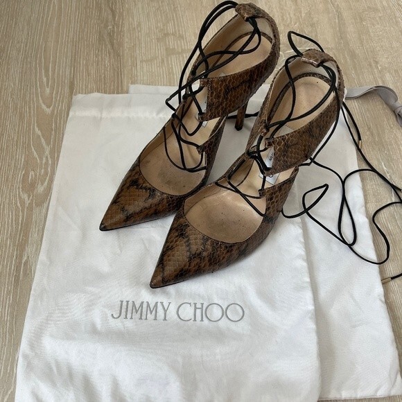 Jimmy Choo “Hoops” Snake Skin Sexy Lace Up Pumps size 37 1/2 - Picture 4 of 12